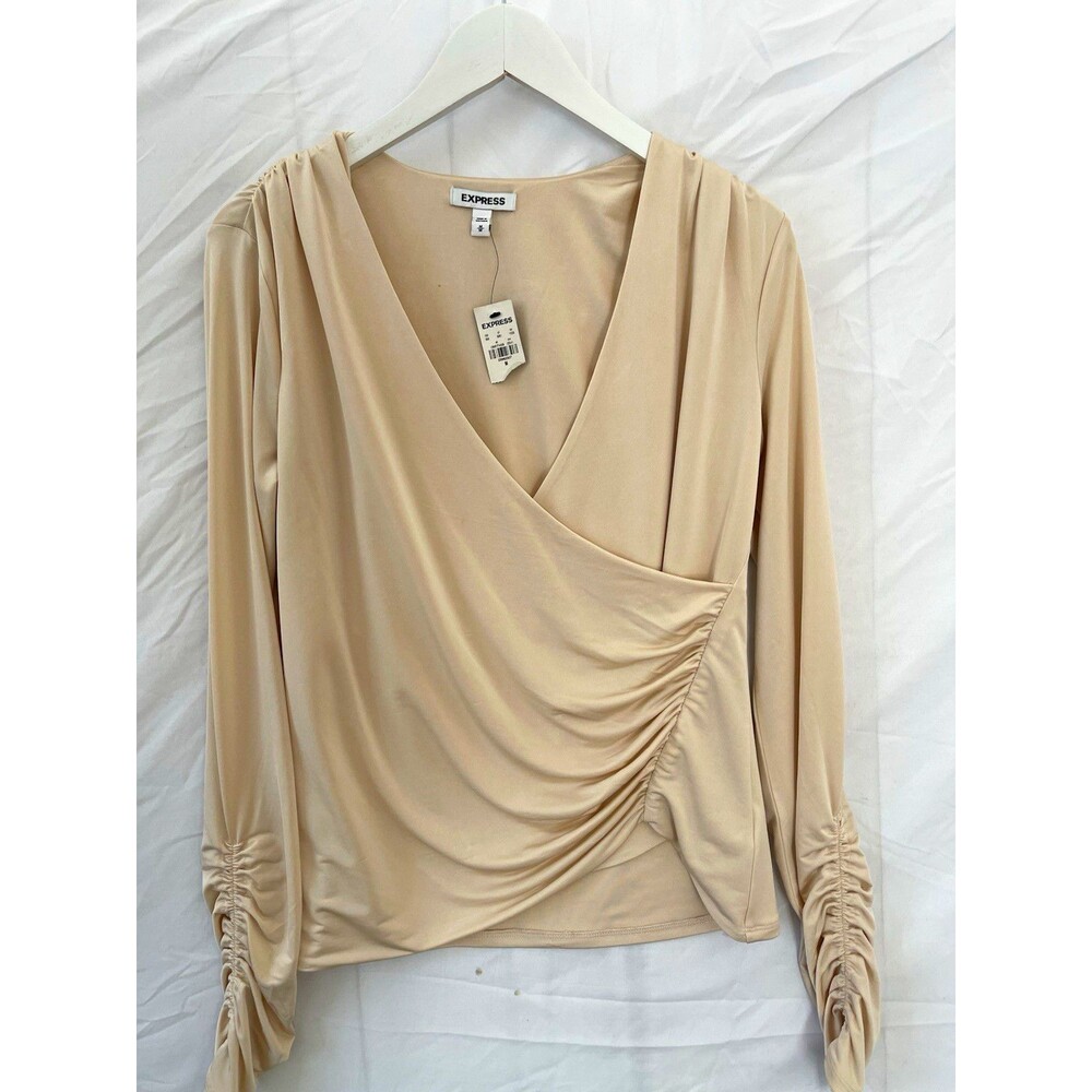 Express Women's Beige Ruched Wrap V-Neck Long Sleeve Pullover Knit Blouse M